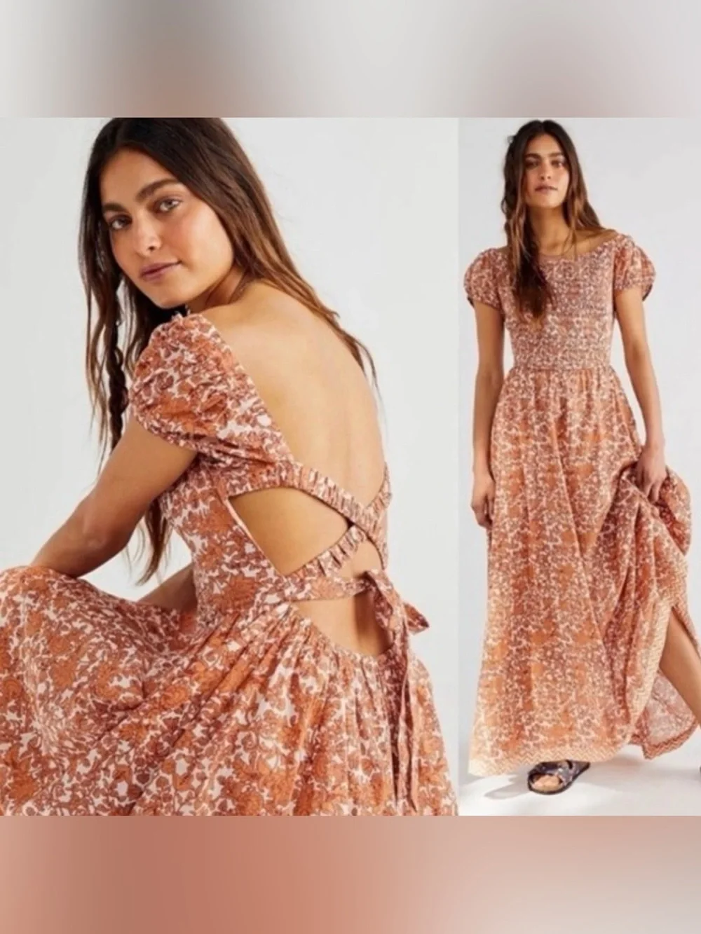Free People Rust-Pink Floral Smocked Maxi Dress